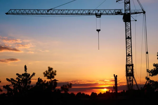 silhouette tower construction crane on sunset background, copy
