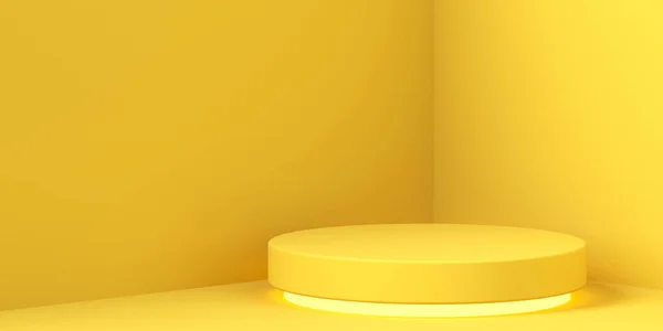 Minimalismus, einfacher gelber Hintergrund mit Sockel, Kopierraum — Stockfoto