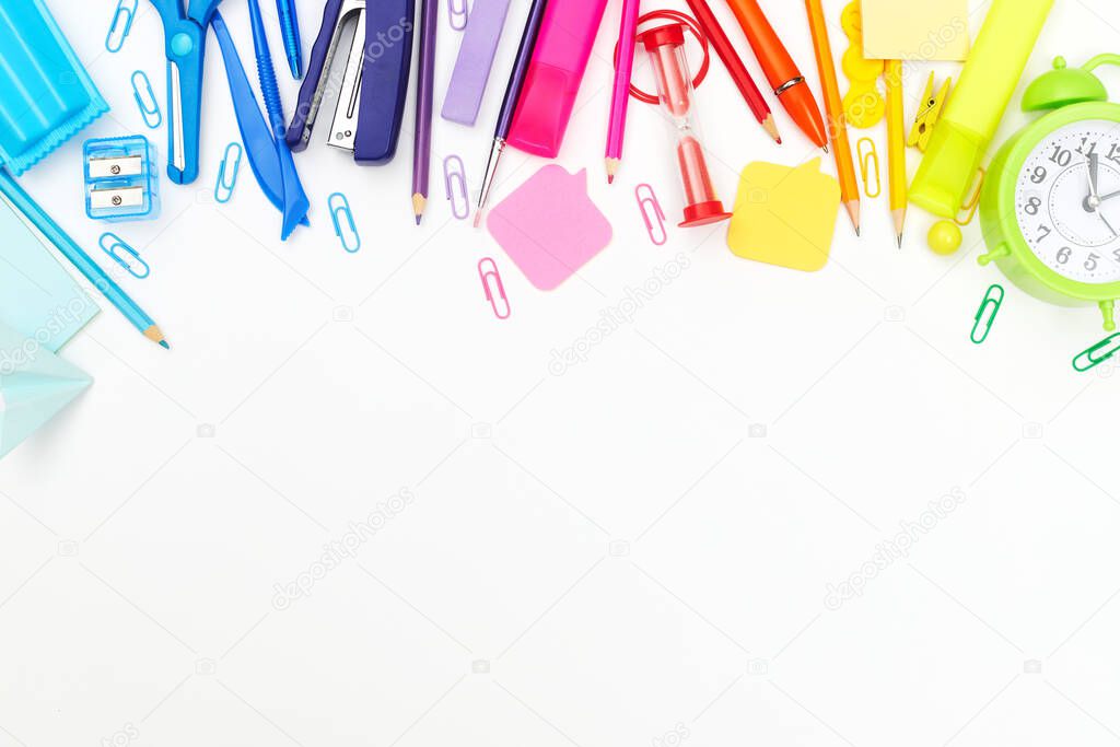 back to school, multicolored school supplies, rainbow on white, flatley, copyspace