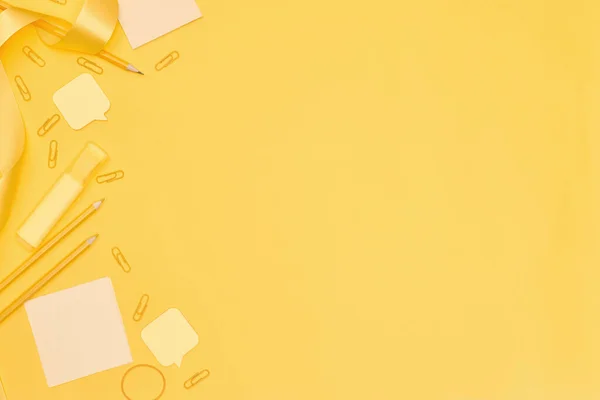 Minimalism, Back to school concepts Yellow school supply on yellow background, flat lay copy space — 스톡 사진