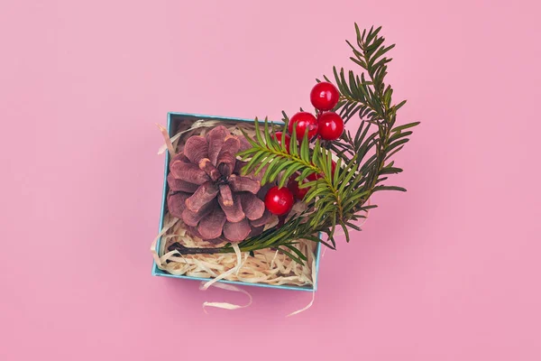 Decoración de Navidad sobre fondo rosa aislado, copyspace, diseño — Foto de Stock