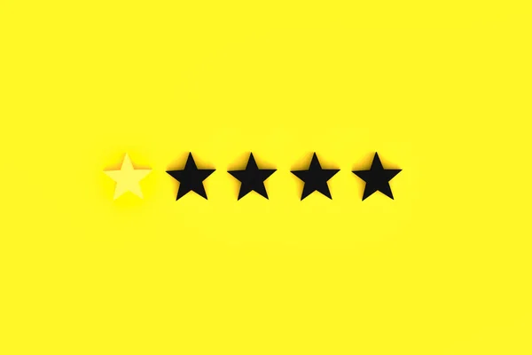 Conceito de classificação de serviço de cinco estrelas no fundo amarelo, renderização 3D. — Fotografia de Stock