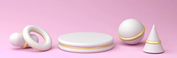 Pastel pembe arka planda altın aksanlı beyaz podyum, 3D canlandırma