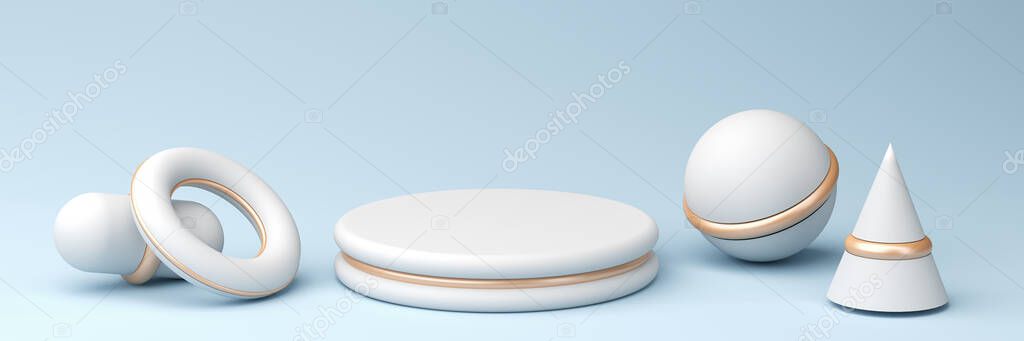white podium with bronze accents on a pastel blue background, 3d render