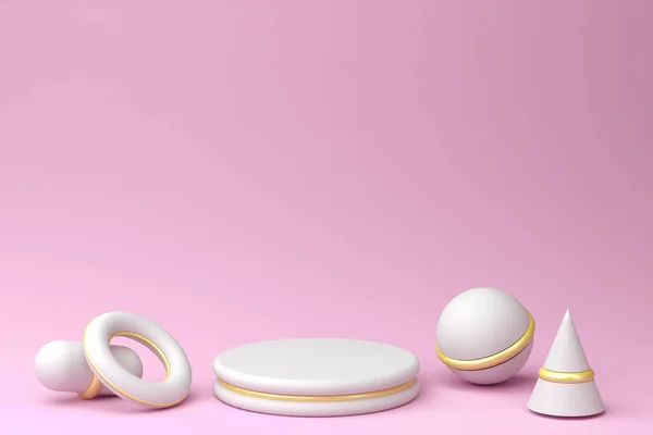 Pastel pembe arka planda altın aksanlı beyaz podyum, 3D canlandırma