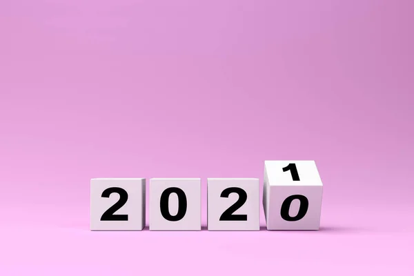 Άσπροι κύβοι με την επιγραφή 2020 αντικαθίσταται από 2021 σε ροζ φόντο, 3d καθιστούν — Φωτογραφία Αρχείου