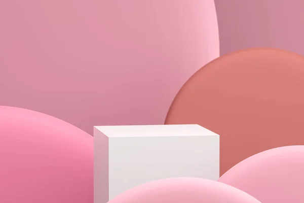 Podyum, soyut pembe arkaplan ve geometrik şekilli minimal sahne. 3B görüntüleme.