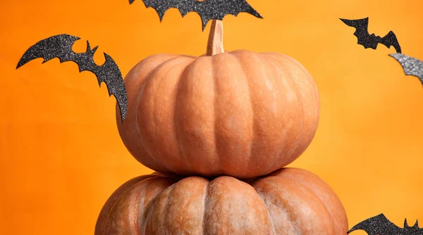 Zucche di Halloween e pipistrelli su sfondo arancione spazio copia — Foto Stock