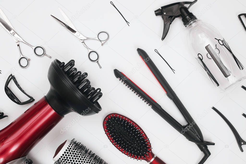 professional items for a hairdressers, haircuts on a white background, layout