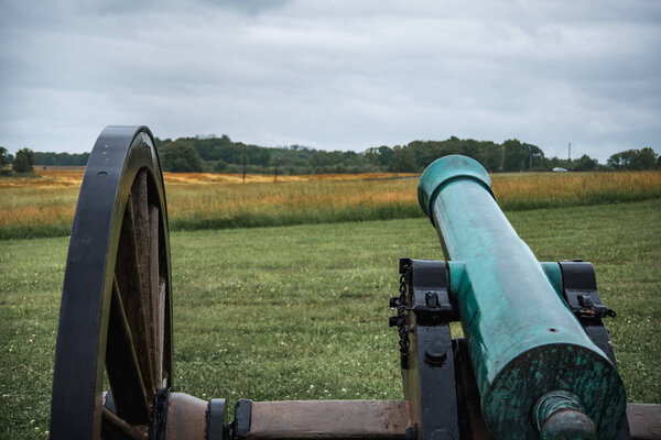 Old Civil War cannon line prepared for battle