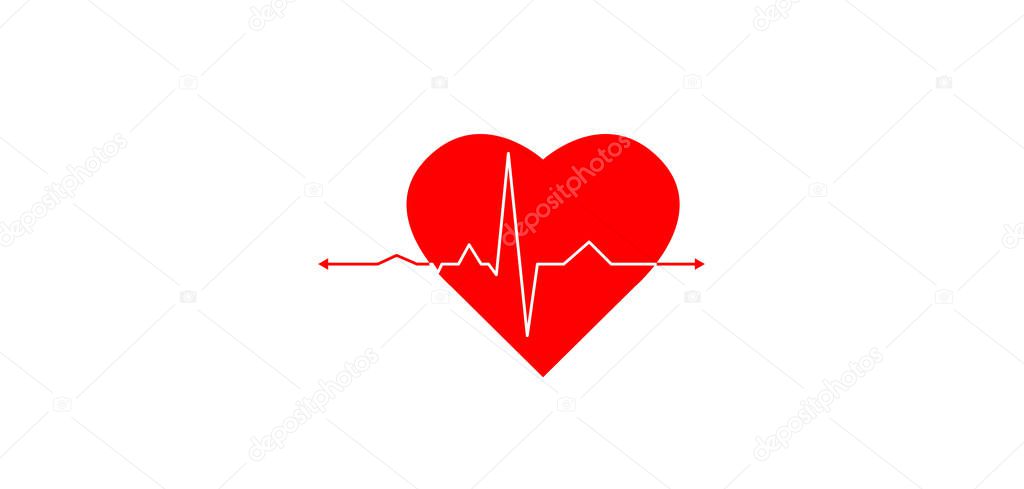 Red isolated icon of heart with white pulse line on white background.
