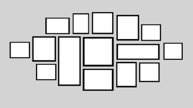 Duvarda düz bir şekilde fotoğraf ve sanat çerçeveleri var..