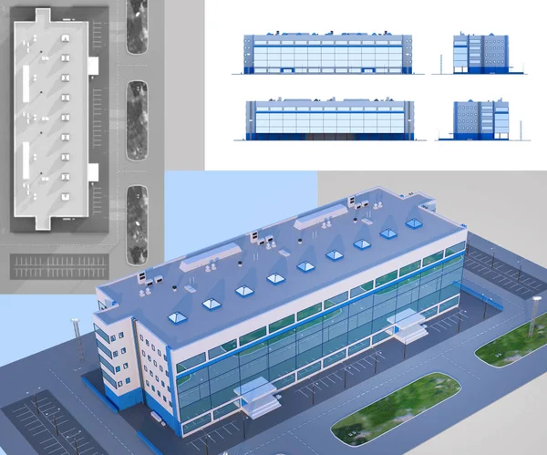 Cover with the project of an industrial building and schemes. 3d-rendering.