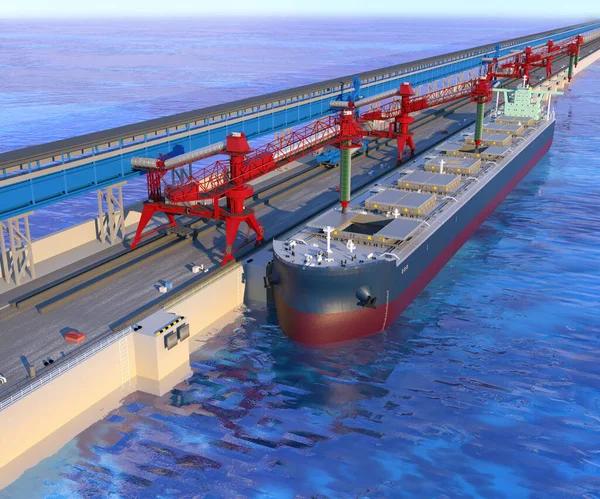 The ship is a bulk carrier with a large cargo capacity on the Pier with Dockside cargo crane and mooring area. 3d-rendering