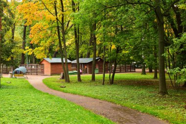 Hayvanat bahçesi parkta. Ağaçlardaki yeşil yapraklar sonbahar havasından sararır..