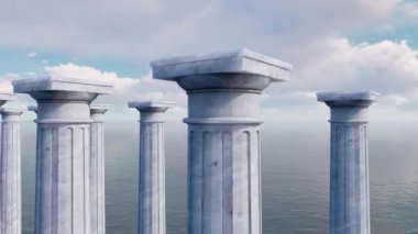 Eski tuscan sipariş sütun üst üste açık deniz arasında. Başkentleri - klasik antik sütunlar en iyi unsurları görünümünü kapatın. 4 k'dan fazla işlenen soyut kavram 3d animasyon