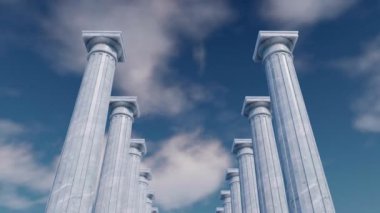 Üst üste bulutlu gökyüzü arka plan beyaz mermer sütun sipariş antika colonnade, klasik antik tuscan düşük açılı görünümü. 4 k'dan fazla işlenen soyut kavram 3d animasyon