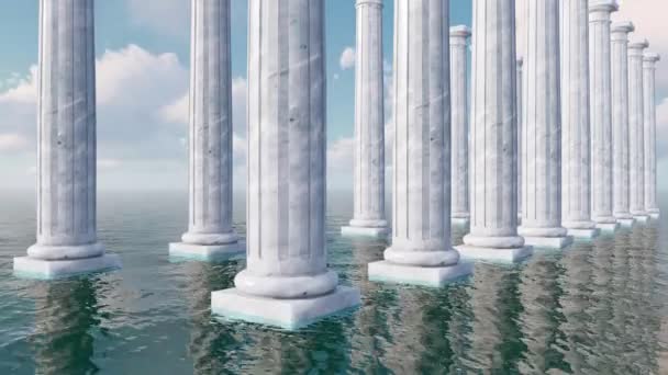 Colonnade de colonnes classiques d'ordre toscan antique parmi la mer ouverte et le ciel nuageux de jour en arrière-plan. Concept abstrait animation 3D réaliste en 4K 