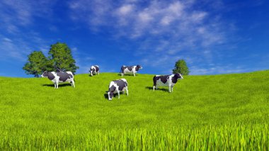 Countryside landscape with mottled dairy cows grazing on green farm pasture under blue cloudy sky at sunny summer day. 3D illustration from my own 3D rendering file. clipart