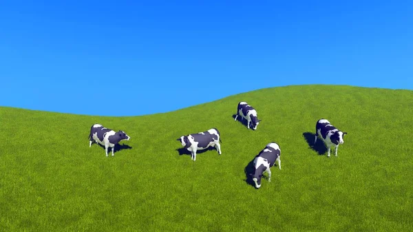コピー スペースで青空背景に緑の牧草地に放牧乳牛と田舎の風景 私自身の レンダリングのファイルから高角度 — ストック写真