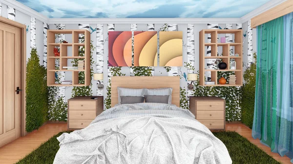 Acogedor Interior Dormitorio Moderno Con Cama Doble Paredes Cubiertas Plantas —  Fotos de Stock