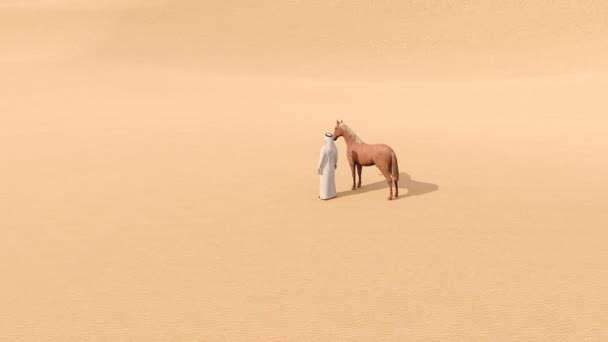 Araber Traditioneller Kleidung Und Sein Reinrassiges Rotes Pferd Stehen Inmitten — Stockvideo