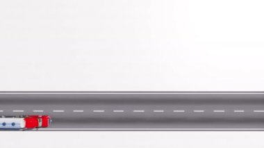 Yarı kamyon boş Otoban yol kopya alanı beyaz arka plana sahip gaz veya petrol Sarnıcı çekerek hava üstten görünüm. Minimalist kargo taşımacılık kavramı 3d animasyon 4 k'dan fazla işlenen