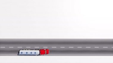 Petrol tankeri posteri hava üstten görünüm kamyon kopya alanı ile beyaz arka plan üzerinde izole boş asfalt yolda sürüş. 4 k'dan fazla işlenen yakıt ulaşım Tema döngü mümkün 3d animasyon