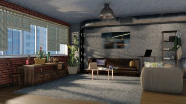 Modern oturma odası iç tasarım tuğla, beton duvar, metal havalandırma yığını ve gündüz loft daire içinde büyük pencere. 3d render dosyamın 3D çizim.
