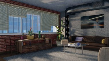 Modern minimalist oturma odası iç büyük pencere, tuğla, beton duvar ve metal havalandırma yığını ile çatı katı dairesinde. 3d render dosyamın 3D tasarlamak.