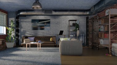 Modern minimalist tasarım oturma odası iç loft daire kanepeler, tuğla, beton duvar, metal havalandırma yığını ve raflar. 3d render dosyamın 3D çizim.