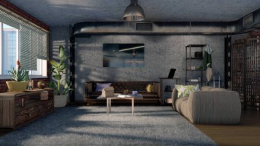 Koltuklar, beton duvar ve modern loft tasarım stili güneşli gün yığınında metal havalandırma ile rahat kentsel oturma odası iç. 3d render dosyamın 3D çizim.