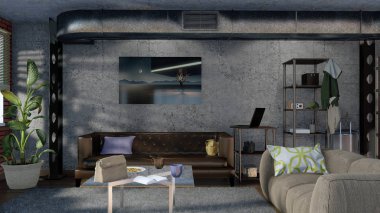 Modern minimalist loft tarzı oturma odası iç kanepe, sehpa, beton duvar ve metal havalandırma yığını, gündüz. 3d render dosyamın 3D tasarlamak.