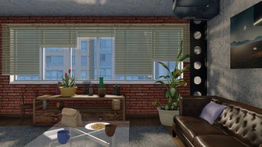 Minimalist kentsel yaşam odası iç kanepe, kahverengi tuğla duvar ve kör bahisleri modern loft tasarım stili gündüz, yarı açık ile pencere. 3d render dosyamın 3D çizim.