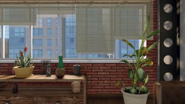 Güneşlikler kentsel ve modern loft tasarım stili oturma odası veya gündüz balkon iç kahverengi tuğla duvar ile büyük bir pencere üzerinde. 3d render dosyamın 3D çizim.