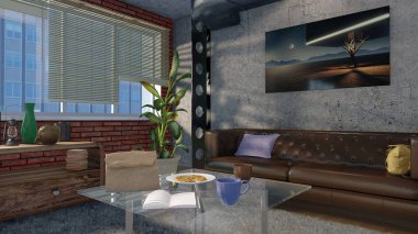 Minimalist kentsel yaşam odası iç kanepe, sehpa ve modern loft tasarım stili, gündüz büyük pencerede. 3d render dosyamın 3D çizim.