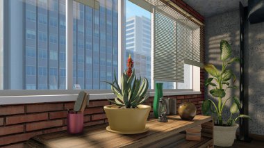 Modern kentin yarım açılan dairelerin loft oturma odası veya gündüz balkon iç ile penceresinden görünümü. Yakın kadar 3d vurdu resimde 3d render dosyamın.