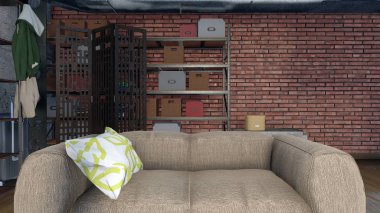 Kaba kahverengi tuğla duvara bej kanepe ve yakın çekim ve basit bir modern minimalist loft daire salon iç raf. 3d render dosyamın 3D çizim.