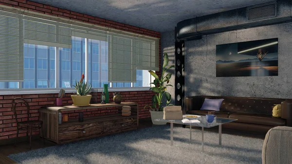 Modern minimalist oturma odası iç büyük pencere, tuğla, beton duvar ve metal havalandırma yığını ile çatı katı dairesinde. 3d render dosyamın 3D tasarlamak.