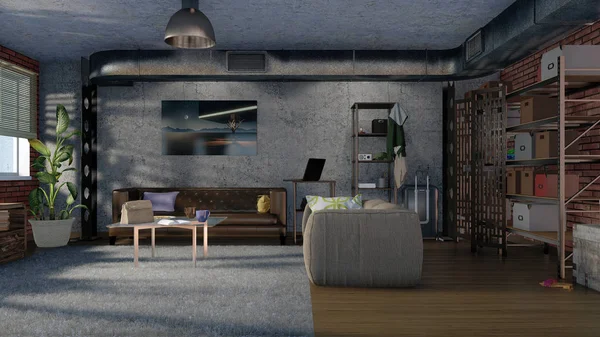 Moderno Diseño Minimalista Salón Interior Apartamento Loft Con Sofás Ladrillo —  Fotos de Stock