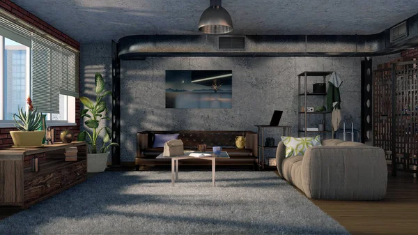 Koltuklar, beton duvar ve modern loft tasarım stili güneşli gün yığınında metal havalandırma ile rahat kentsel oturma odası iç. 3d render dosyamın 3D çizim.