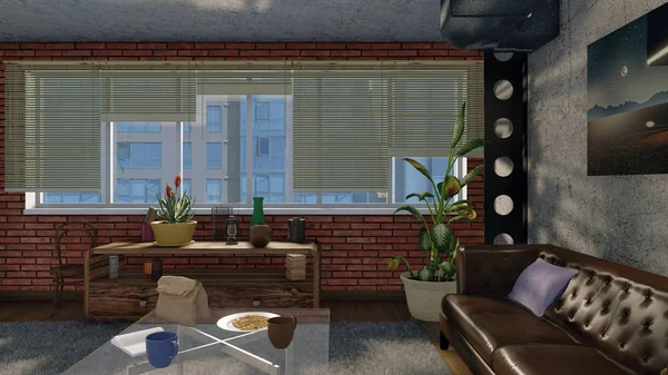 Minimalist kentsel yaşam odası iç kanepe, kahverengi tuğla duvar ve kör bahisleri modern loft tasarım stili gündüz, yarı açık ile pencere. 3d render dosyamın 3D çizim.
