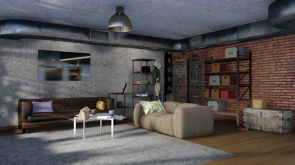 Koltuklar, tuğla duvar, beton duvar ve modern loft tasarım stili, gündüz yığınında metal havalandırma ile basit kentsel yaşam odası iç. 3d render dosyamın 3D çizim.