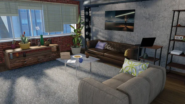 Simple comfortable urban living room interior in a modern loft apartment with sofas, brown brick wall and big window. High angle view 3D illustration from my own 3D rendering file.