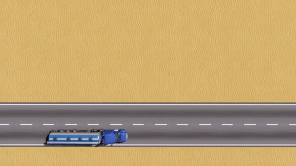 油罐车在空沥青路面上行驶的空中俯视图在抽象的沙漠沙背景与复制空间 卡车行业概念3D 动画渲染4K — 图库视频影像