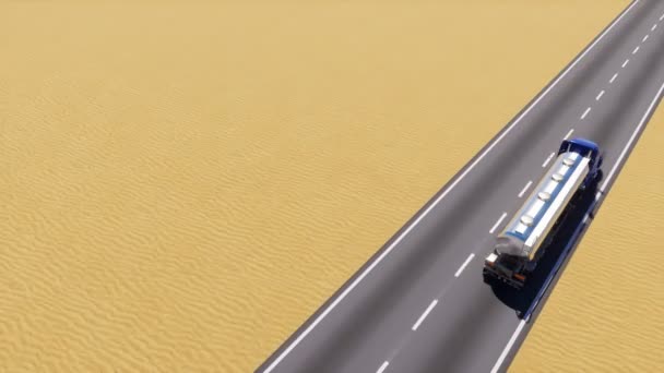 在具有复制空间的抽象沙质沙漠中 用燃气或油箱在空公路上行驶的货车 物流概念环能3D 动画渲染4K — 图库视频影像