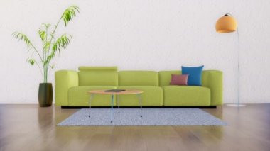 Modern minimalist oturma odası iç yeşil kanepe, sehpa, zemin lamba ve houseplant kopya alanı ile boş beyaz duvara. 4 k'dan fazla işlenen gerçekçi 3d animasyon