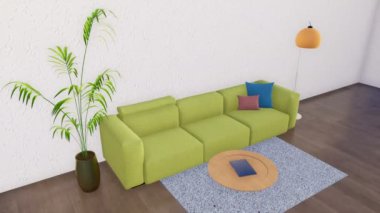 Yeşil kanepe, sehpa, zemin lamba ve parlak modern minimalist oturma odası iç boş beyaz duvar ve ahşap zemin ile Ev bitkisi. 4 k'dan fazla işlenen gerçekçi 3d animasyon