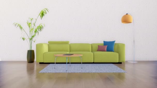 Helles Wohnzimmerinterieur Modernen Minimalistischen Design Stil Mit Sofa Couchtisch Stehlampe — Stockvideo