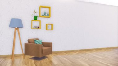 Kahverengi koltuk, zemin lamba ve modern minimalist oturma odası iç kopya alanı boş beyaz sıva Duvar ile basit kare raflar. 4 k'dan fazla işlenen gerçekçi 3d animasyon
